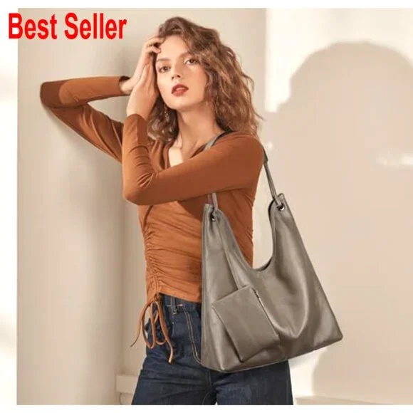 Genuine Cowhide Leather Hobo Handbag with Coin Pouch